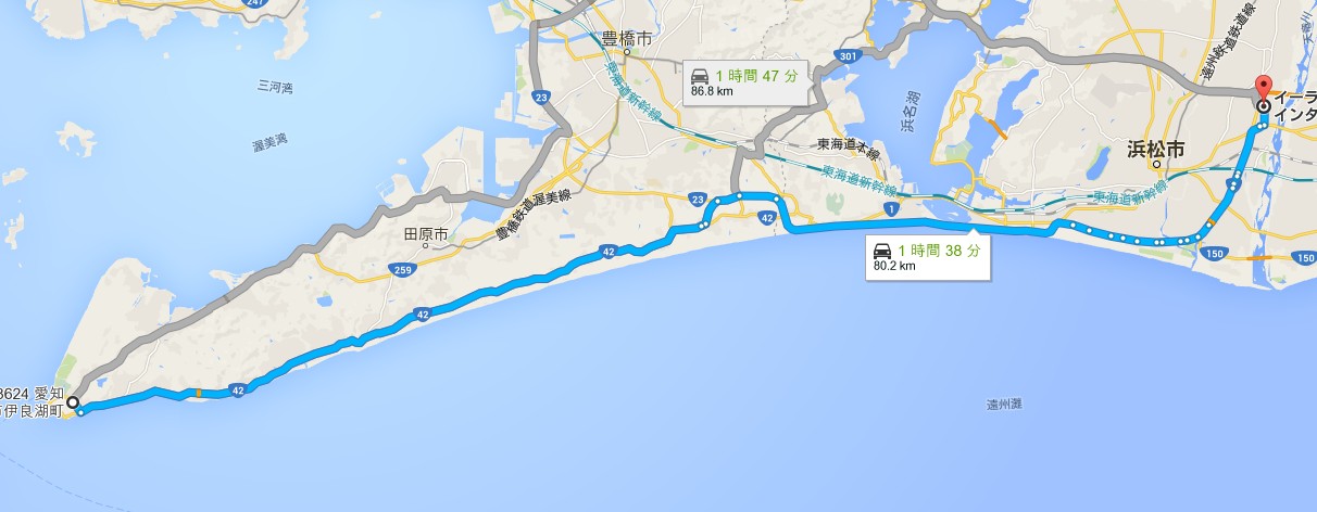 東名高速・浜松ICから「伊良湖」フェリーターミナルまでの所要時間・距離