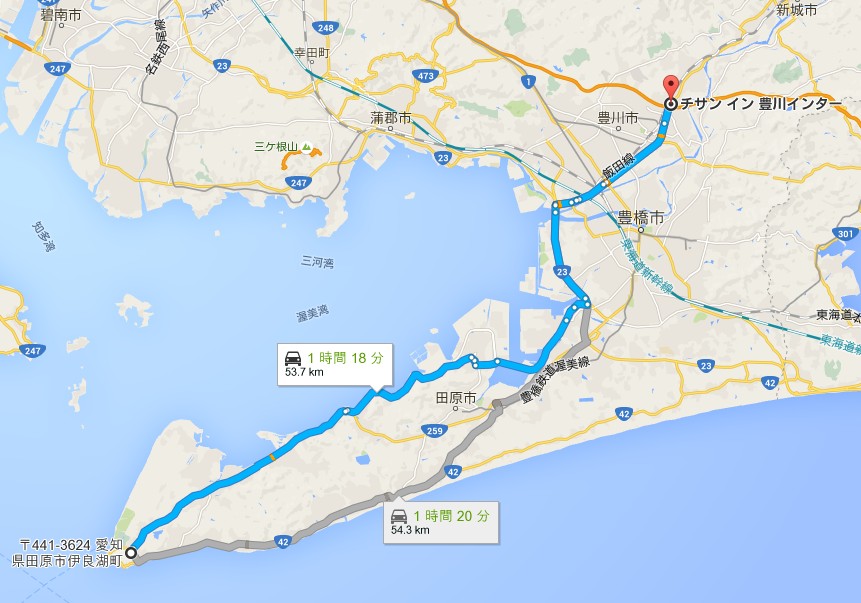 東名高速・豊川ICから「伊良湖」フェリーターミナルまでの所要時間・距離