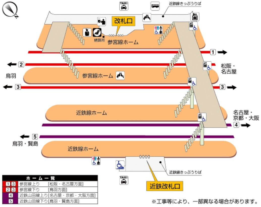 伊勢市駅の駅構内図（JR・近鉄）